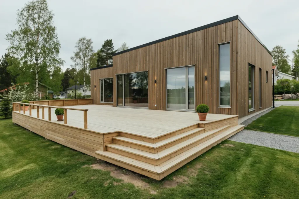 nybyggnation av altan med trappa vid villa i fuller